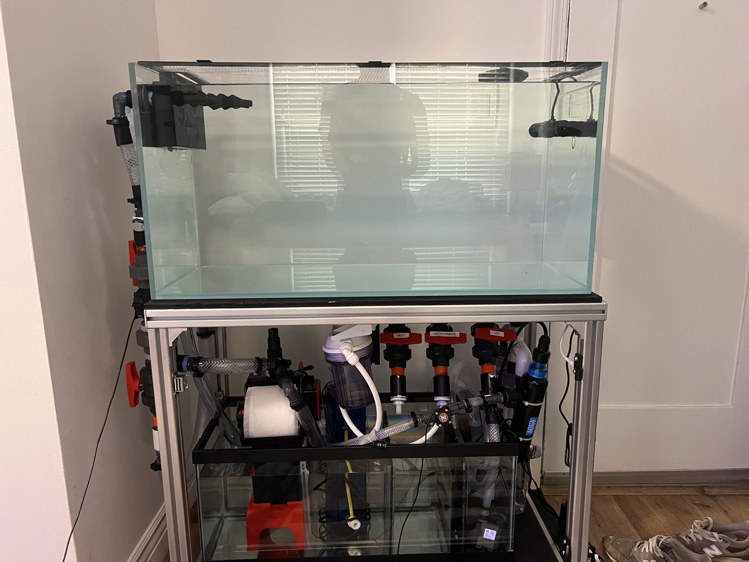 Custom reef aquarium on an aluminum stand with a full sump and filtration system plumbed underneath